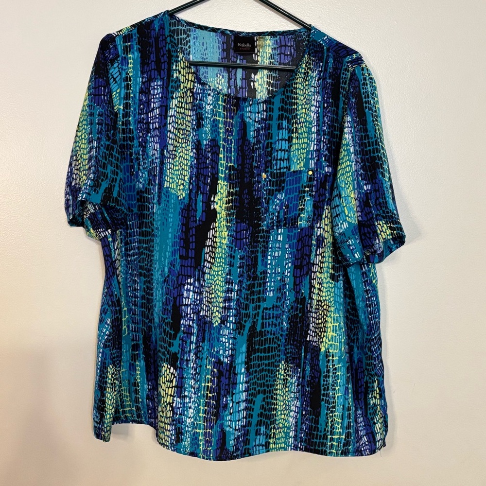 Rafaella Blouse Multicolor Blue Black Yellow Abstract Snakeskin Pattern Size XL